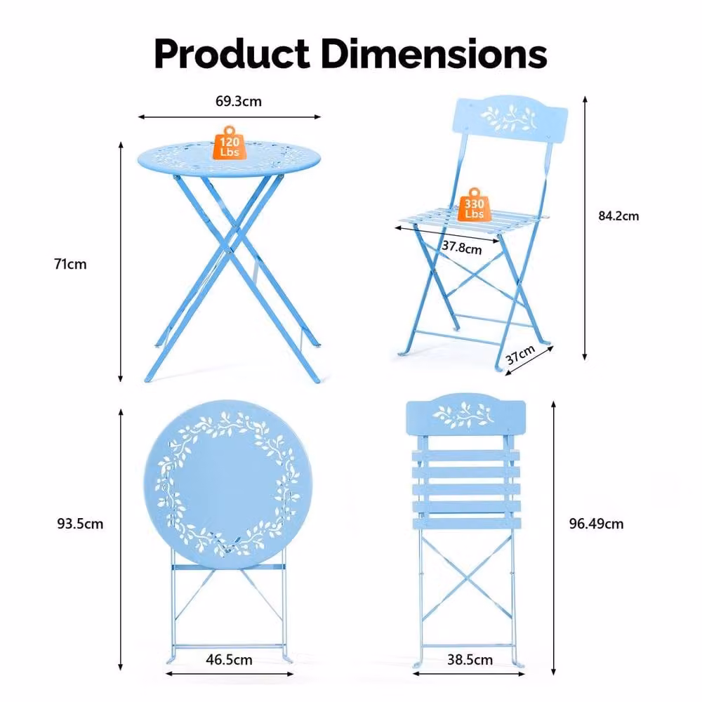 EONLION Blueolive 3-Piece Folding Bistro Set with Olive Leaf Pattern in Blue, Width: 100 cm – 2