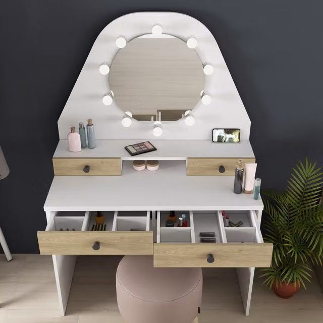 Trasman Hollywood LED Vanity Table in White and Oak