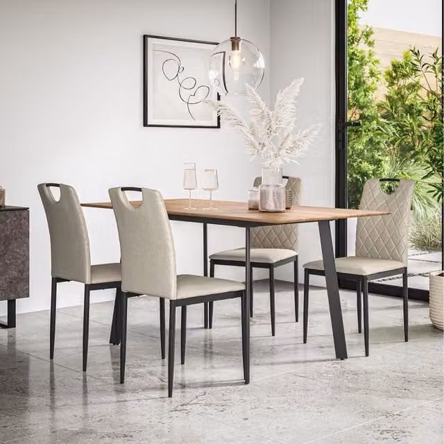 More4Homes Haydon Extending Oak Effect Dining Table Set with 6 Monza Linen Chairs in Beige and Black, H 76 cm x W 120 cm x D 80 cm