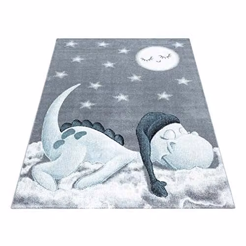 Bravich Blue and Grey Dino Kids Round Rug, 120 cm Diameter – 1