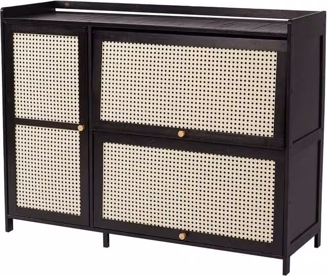 FORGEVIO 3-Door Rattan Shoe Cabinet in Black with Internal Shelves – 1