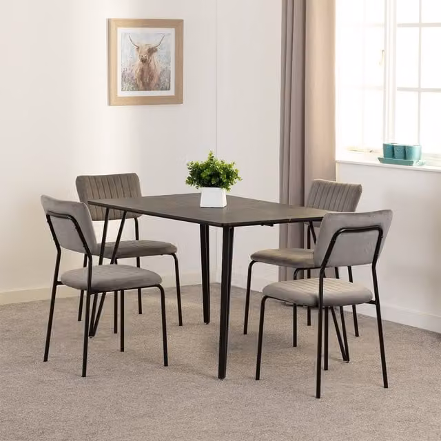 Seconique Marlow and Sheldon Modern Rectangular Dining Set with Black Marble Effect Table and Grey Velvet Chairs