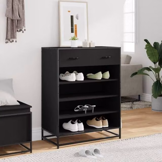 Berkfield Home Black Modern Shoe Cabinet with Drawers and Open Shelves, W/D/H: 75 x 38 x 97.5 cm