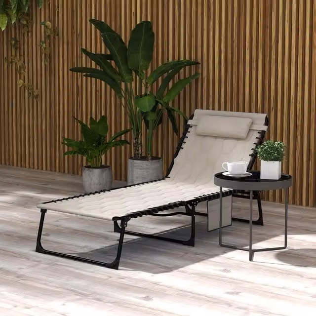 Outsunny Foldable Metal Frame Padded Sun Lounger with Adjustable Headrest in Beige and Brown