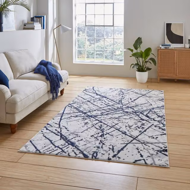 Terrys Modern Abstract Rectangular Yarn Rug in Blue and Silver