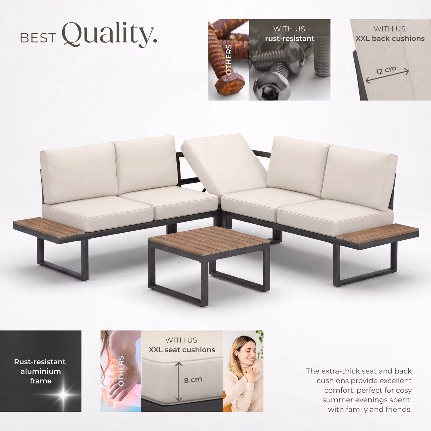 tectake Eliar 4-Piece L-Shape Garden Lounge Set with Black Powder Coated Aluminium Frame and Upholstered Cushions – 3