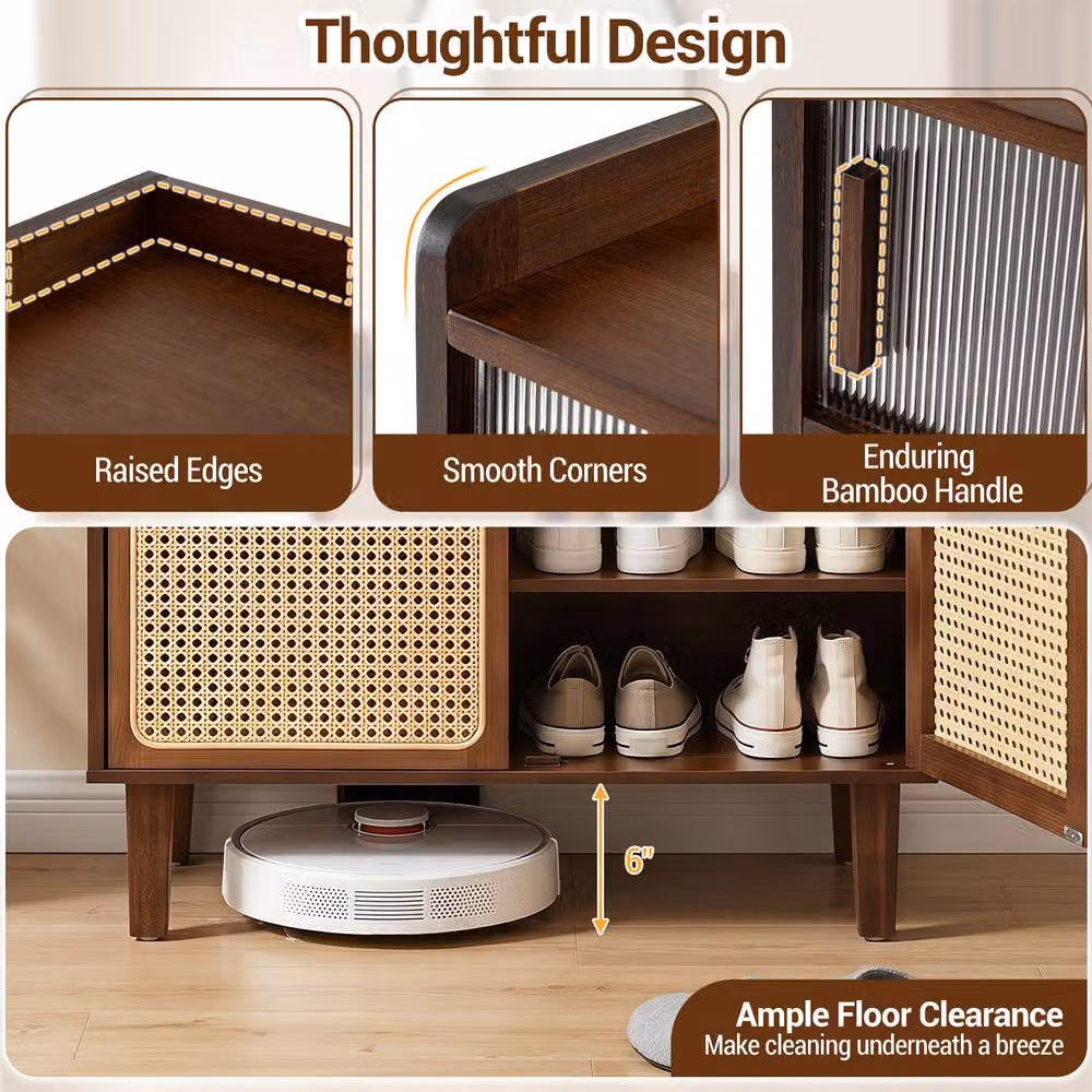 Gymax Bamboo Freestanding Shoe Cabinet with Rattan Sliding Doors in Brown – 8