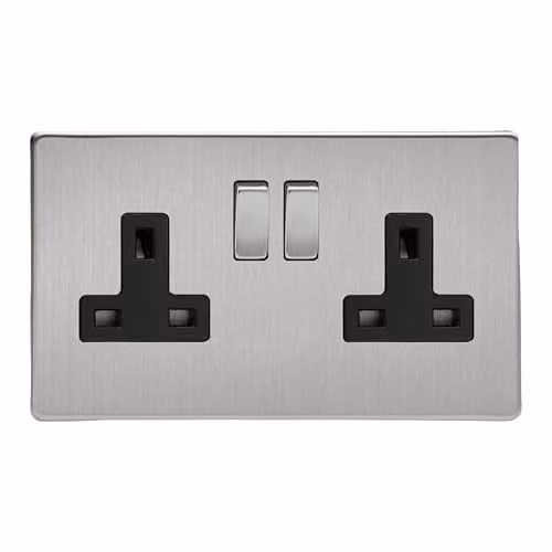 Varilight Double Switched Plug Socket, Brushed Steel with Black Insert, Grey, H x W x D: 86 x 147 x 32 mm – 1