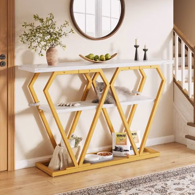 BTM Gold and White Marble-Look Console Table, W/D/H: 120 x 29.5 x 80 cm