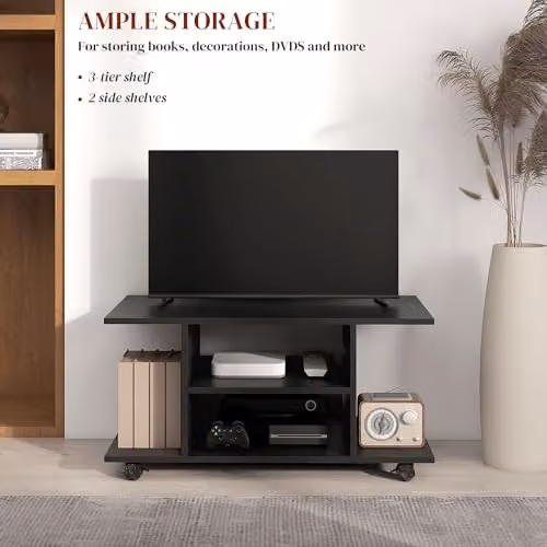 HOMCOM Modern TV Stand with Storage Shelves, Black – 4