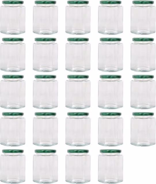 Argon Tableware Hexagonal Glass Jam Jars with Leakproof Screw-Top Metal Lids, 250ml, Green and Yellow, Pack of 24