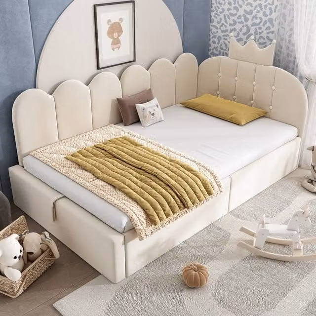 Rolipo Beige Velvet Upholstered 3FT Single Daybed with Hydraulic Storage and Asymmetric Chaise, W/D/H: 90 x 190 cm
