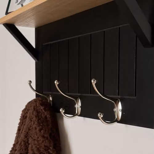 OHS Modern Wall-Mounted Coat Rack and Floating Shelf in Black and Brown Wood Effect – 3
