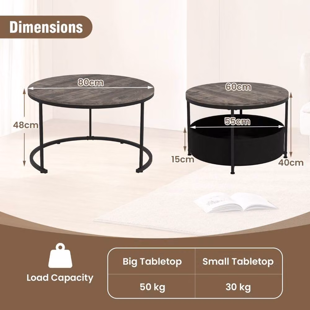 Costway Set of 2 Modern Round Metal Coffee and Side Tables in Grey – 3