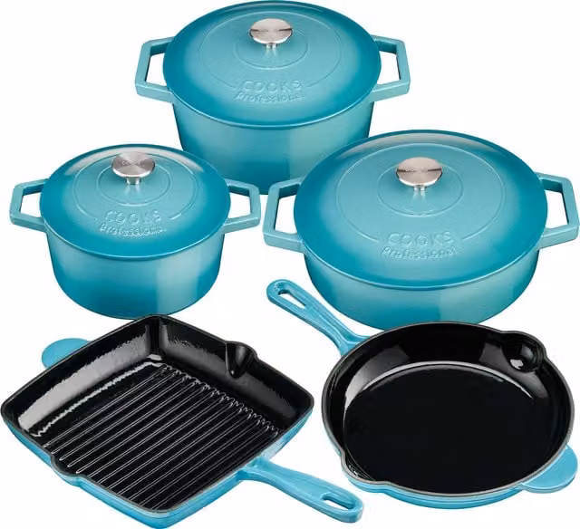 Cooks Professional 5 Piece Enamelled Cast Iron Casserole Dish and Frying Pan Set in Petrol – 1