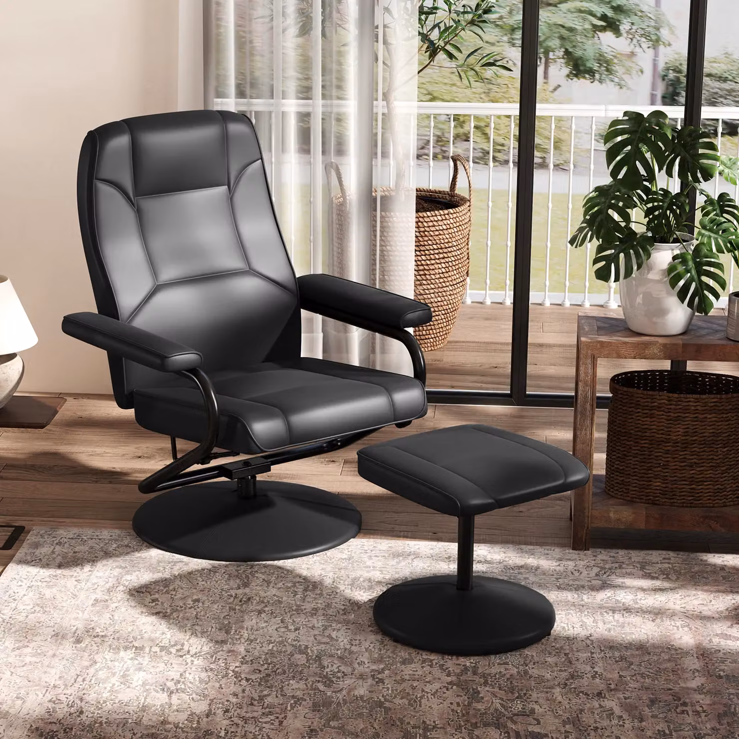 Costway 360 Degree Swivel Reclining Chair with Adjustable Backrest and Ottoman in Black Synthetic Leather – 4