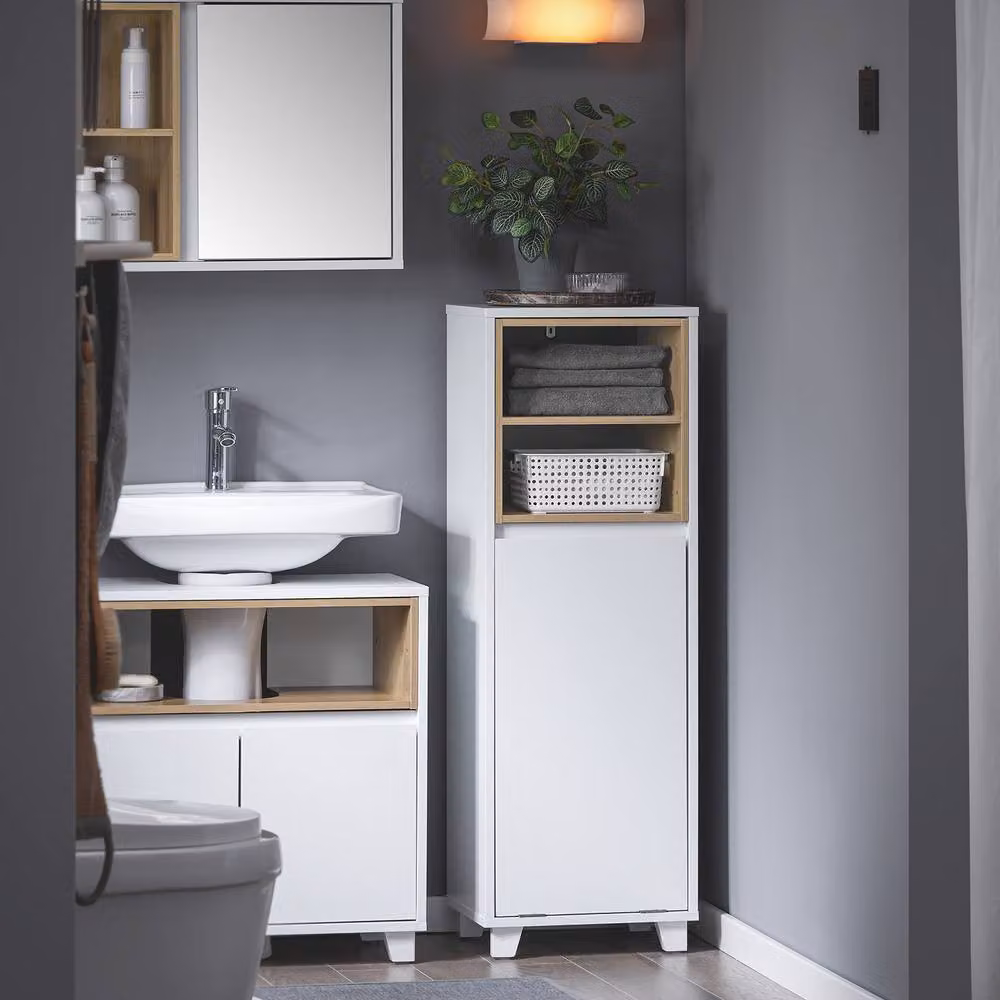 SoBuy Storage Laundry Cabinet with Basket and Open Shelf, White, Height: 105 cm – 5