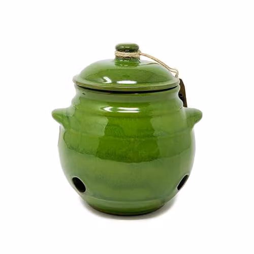 Verano Spanish Ceramics Selena Glazed Hand Dipped Ceramic Garlic Jar with Lid, Dark Green, Height: 15 cm – 4