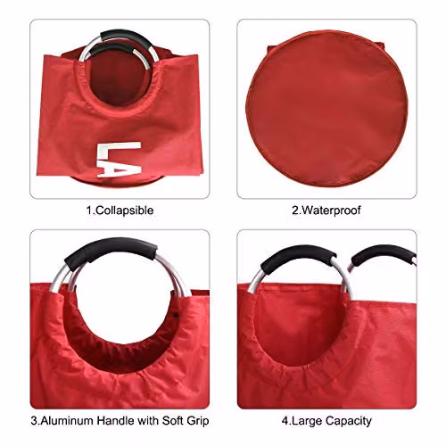 KAV Red Oxford Fabric Collapsible Laundry Basket with Aluminium Handles, 82L – 4