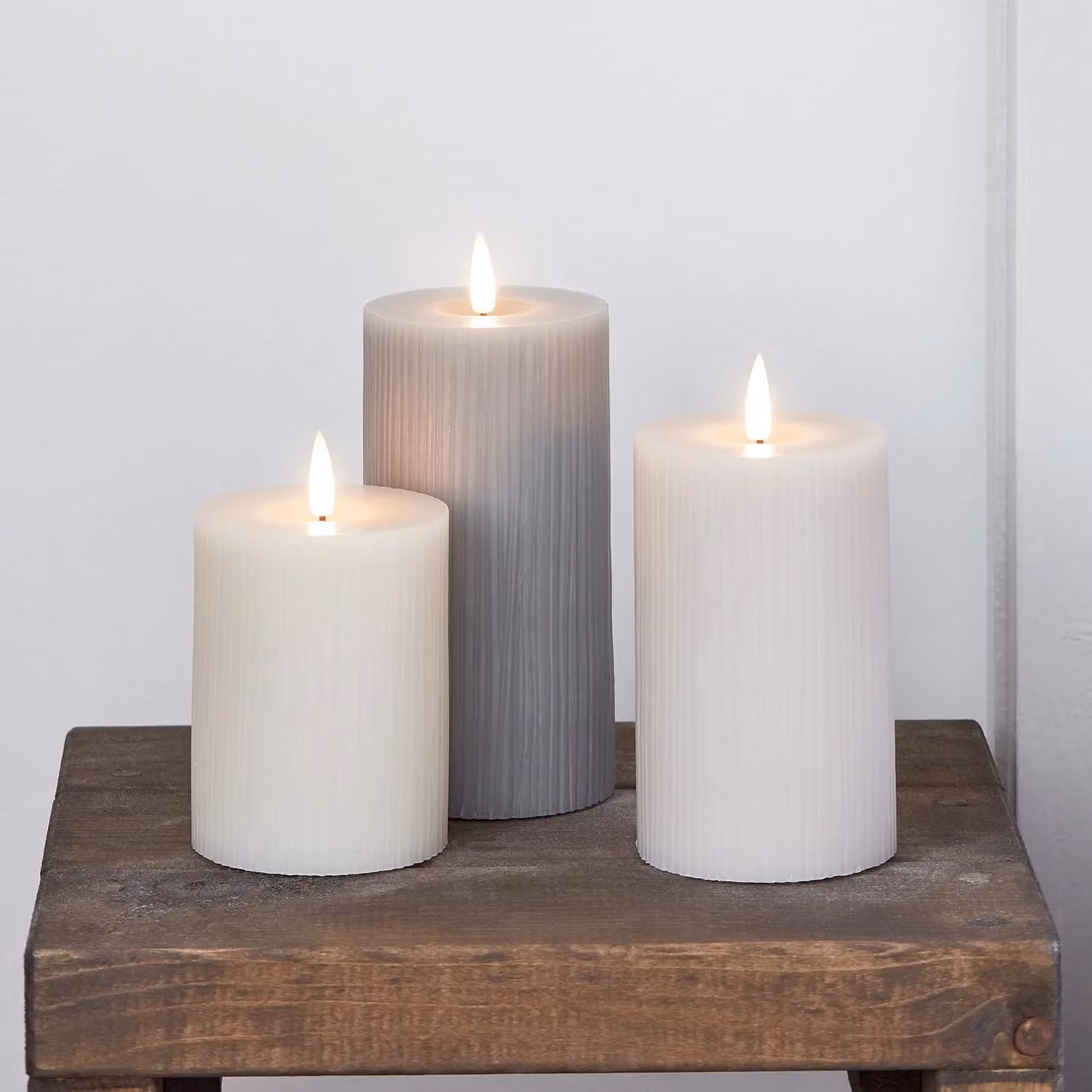TruGlow Grey Ribbed LED Pillar Candle Trio with Flicker Effect and Timer