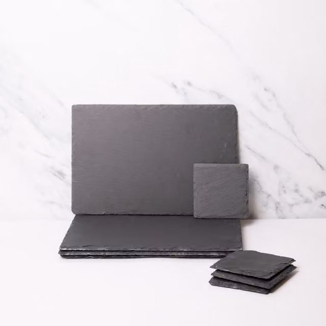 Artesa Black Slate Placemats Set of Four W: 30 cm, D: 20 cm and Slate Coasters Set of Four W: 10 cm