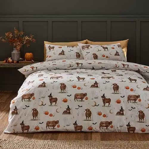Catherine Lansfield Halloween Highland Cow Reversible Single Duvet Cover and Pillowcase Set, Natural/Beige, W/D/H: 135 x 200 cm, Pillowcase: 50 x 75 cm