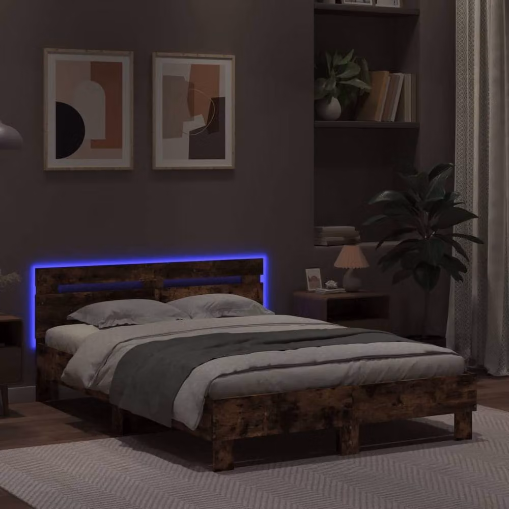 Berkfield Home Small Double Bed Frame with LED Under-Bed Lighting and USB Charging Port, Smoked Oak, Brown, W/D/H: 120 x 190 cm – 3
