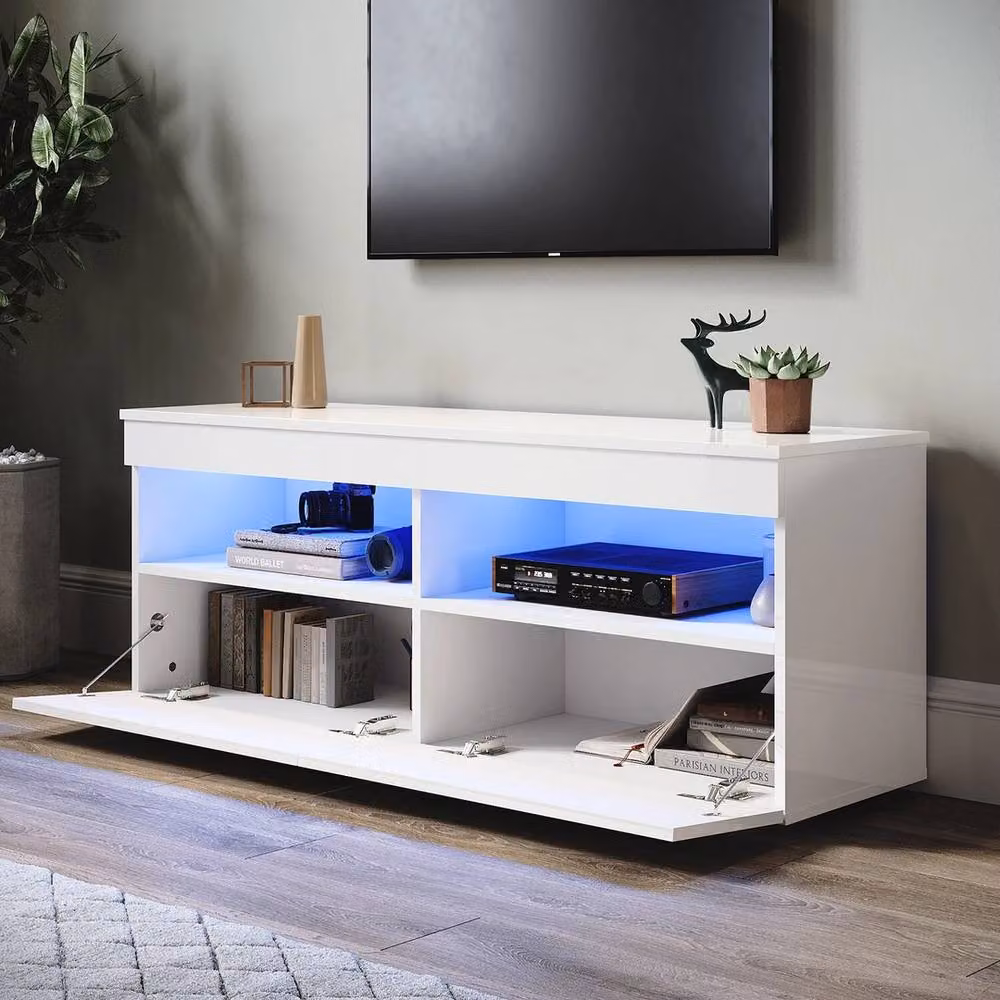 ERGOVEXA Modern White Glossy LED TV Stand Unit with 2 Doors and Integrated Lighting – 3