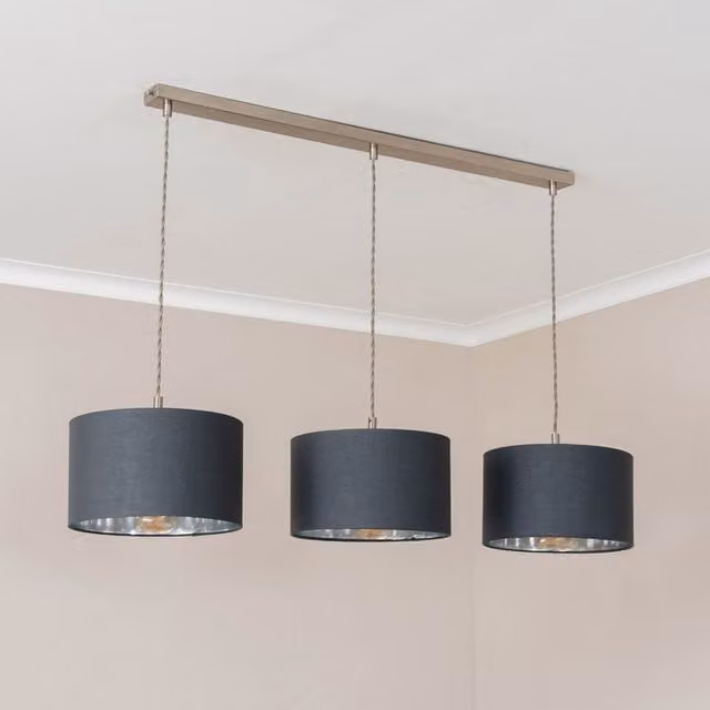 ValueLights Reni 3 Drop Bar Metallic Shade Pendant Ceiling Light in Brushed Chrome and Grey