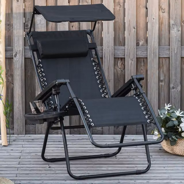 Outsunny Zero Gravity Garden Deck Folding Chair in Black with Sun Canopy, Adjustable Headrest and Side Tray