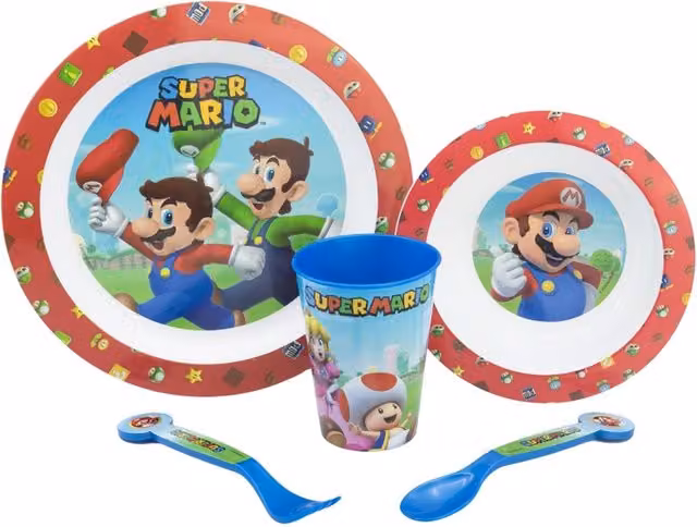 Stor Super Mario 5-Piece Childrens Breakfast Set in Red and Multicolour, Microwave Safe Melamine Dinner Service