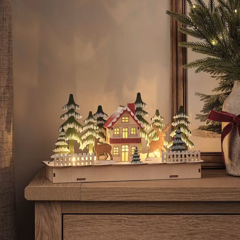 Lights4fun Pre Lit Winter Woodland Wooden House Scene Tabletop Decoration in Multicolour