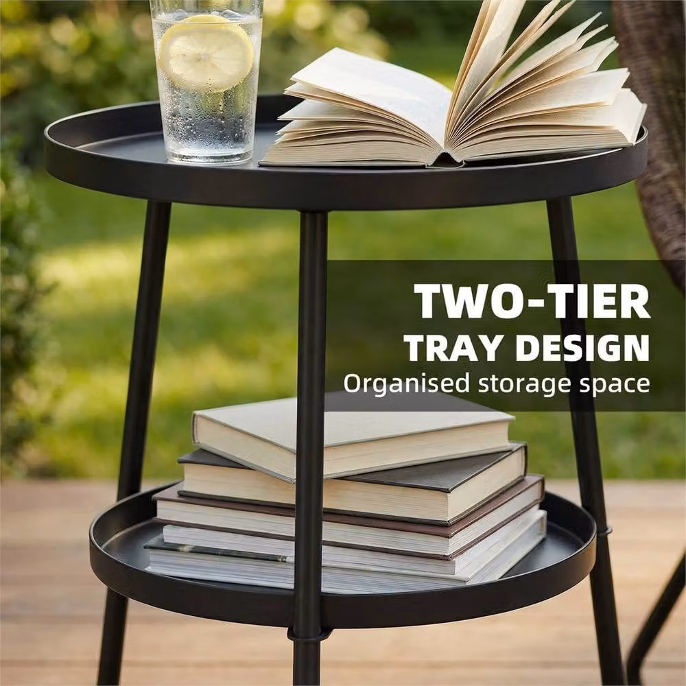 Nordara Black 2-Tier Round Coffee End Table in Matt Black Metal, Diameter: 100 cm – 4