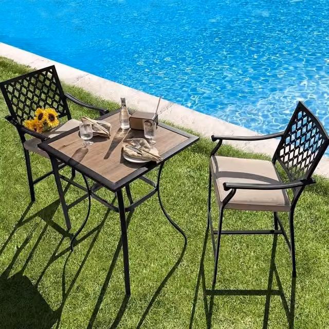 NESTLUNE 3 Piece Bar Height Outdoor Bistro Set in Matt Black Metal – 1