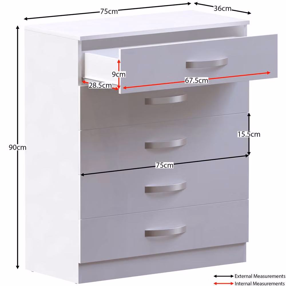 HD Designs Hulio 5 Drawer Chest of Drawers in White – 2