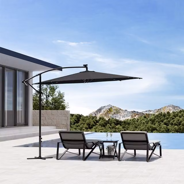 Komore LED Solar Garden Parasol with Metal Cross Base in Dark Grey