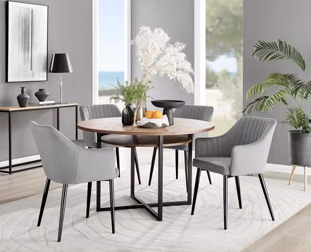 FurnitureboxUK Adley Brown Wood Round Storage Dining Table and 4 Calla Grey Chairs with Black Legs – 1