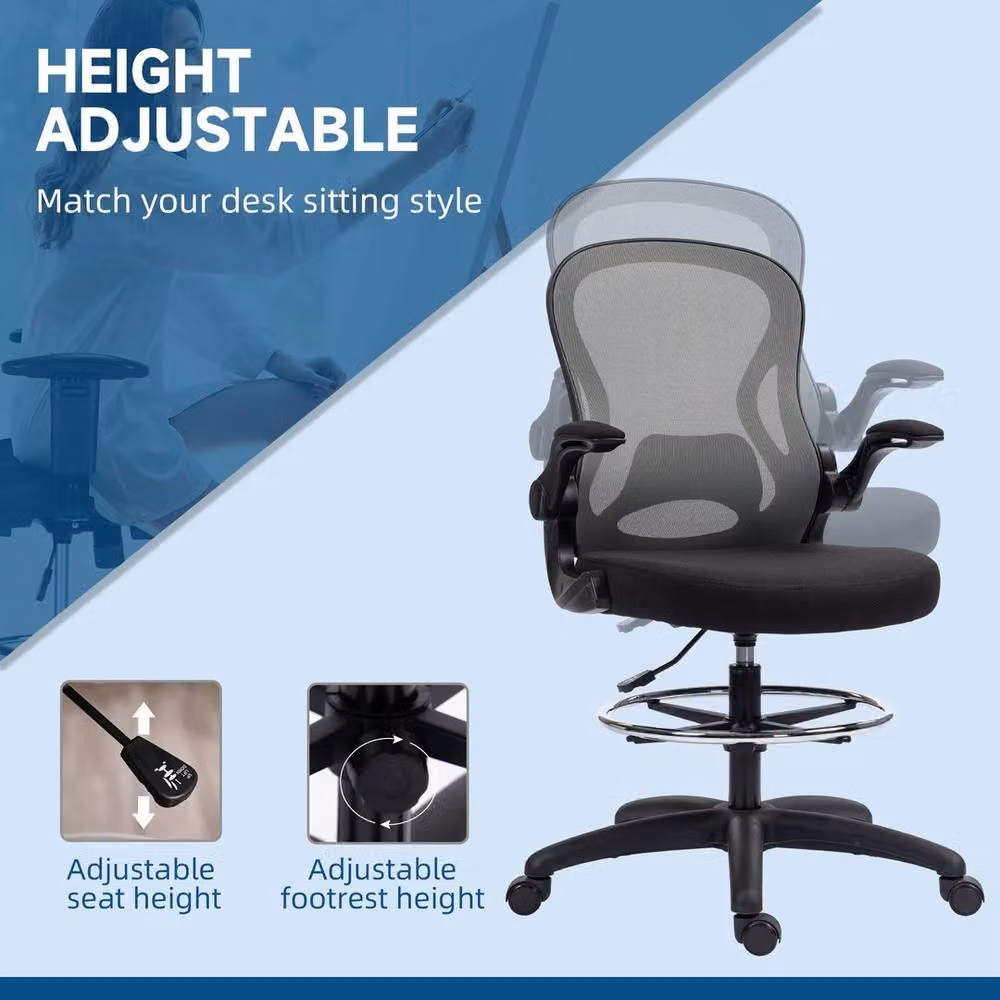 EONLION Grey Tall Drafting Office Chair with Lumbar Support, Foot Ring and Castors – 3