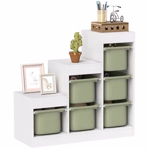 AIYAPLAY Kids Toy Storage Organiser with 6 Removable Bins, Green, W/D/H: 90 x 38.5 x 38.5 cm
