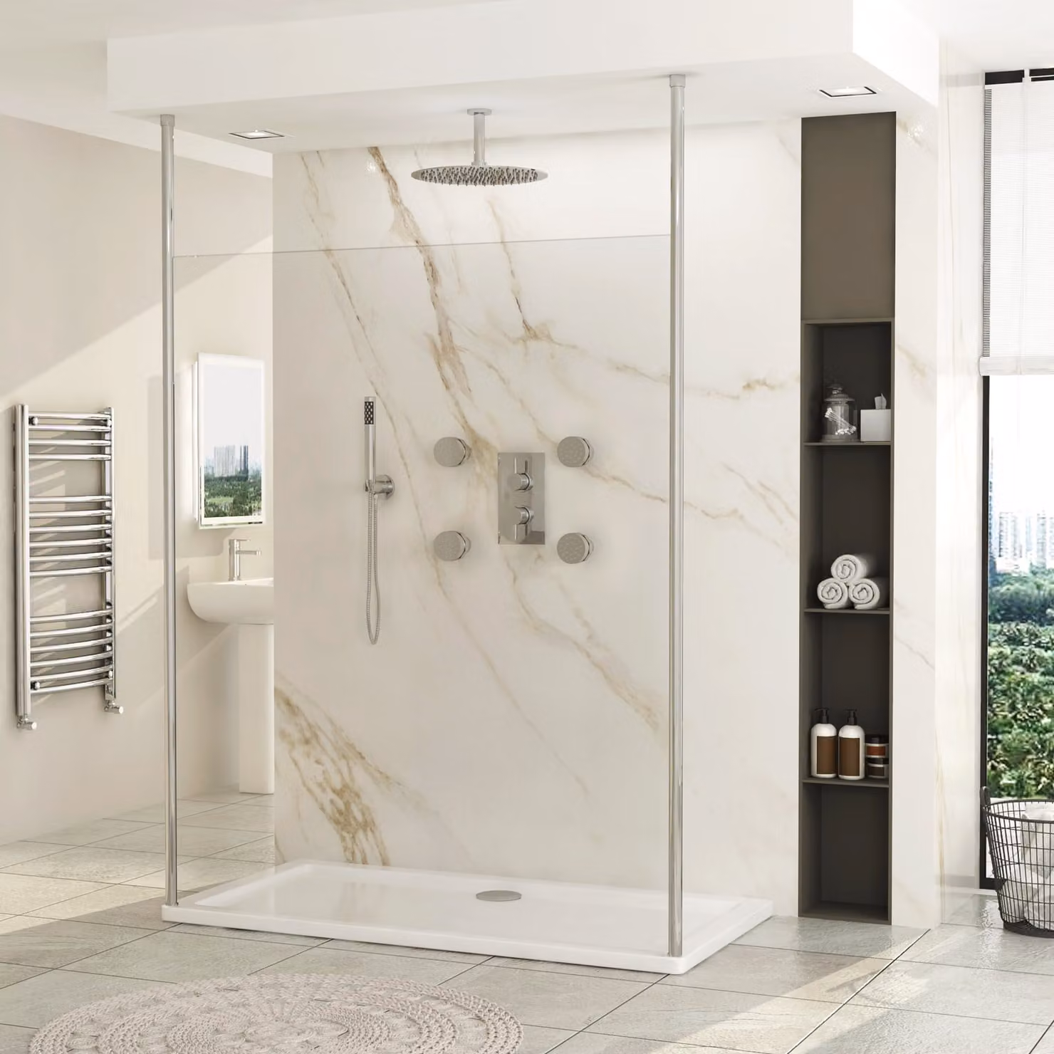 Royal Bathrooms Marbella Walk Through Wet Room Shower Screen with 8mm Clear Glass and 2 Chrome Ceiling Poles, Width: 185 cm