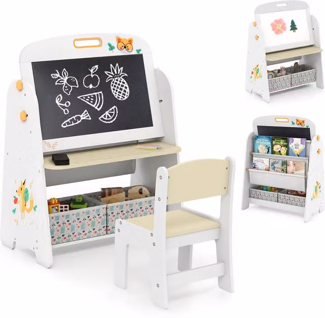 Costway 4-in-1 Kids Art Easel in White and Natural Wood
