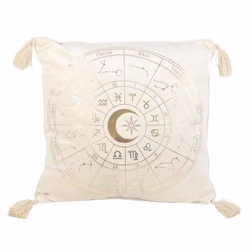 Something Different Wholesale Astrology Wheel Square Velvet Cushion, White and Gold, W/D/H: 35 x 35 x 35 cm – 1