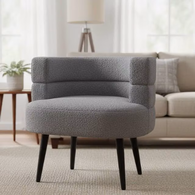 Alivio Grey Bouclé Fabric Accent Chair with Curved Backrest and Solid Wood Legs – 1