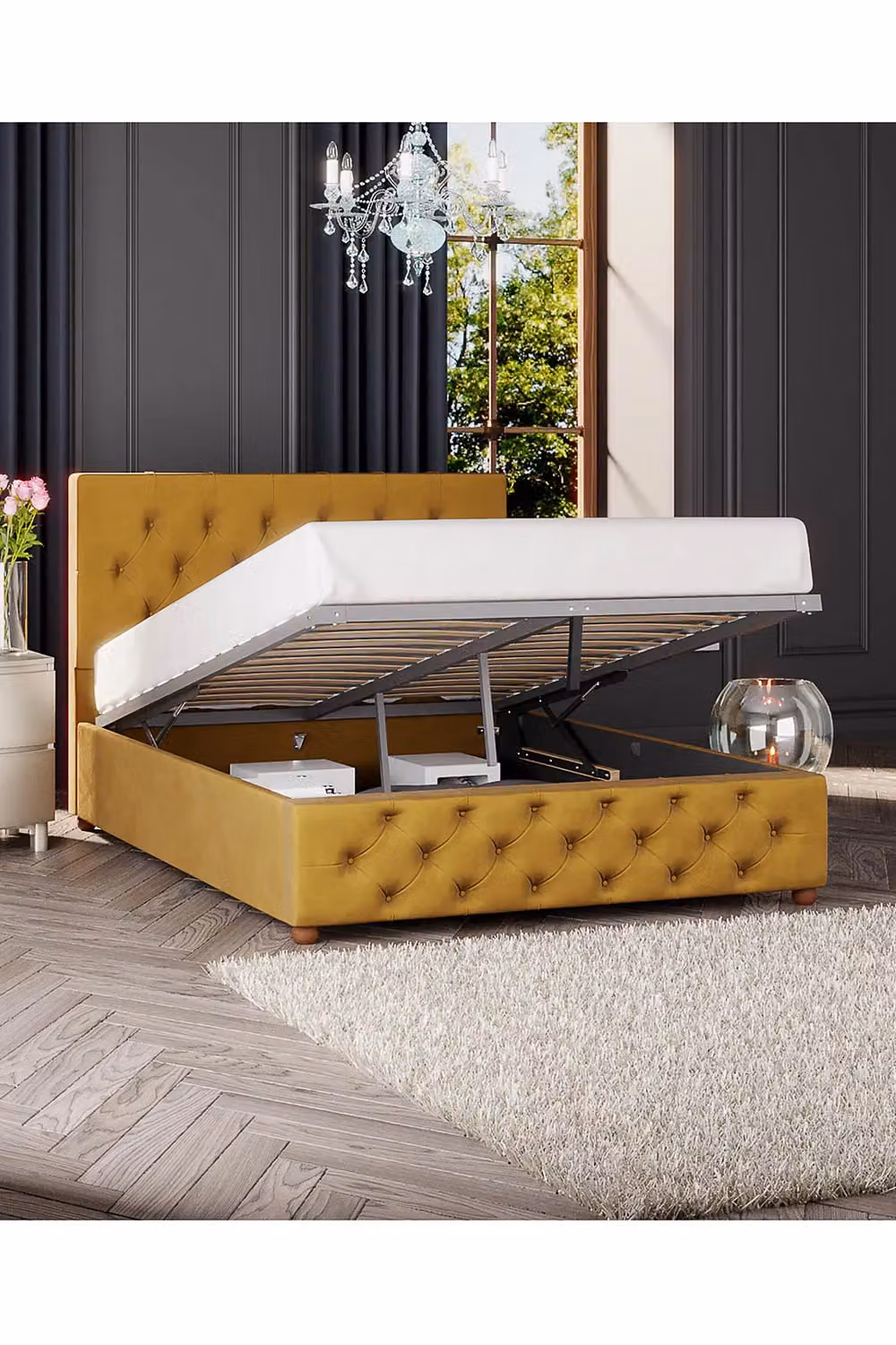 Laurence Llewelyn-Bowen Luna Ottoman Storage Bed in Mustard Plush Velvet Fabric, Super King, W: 200 cm x D: 200 cm – 2