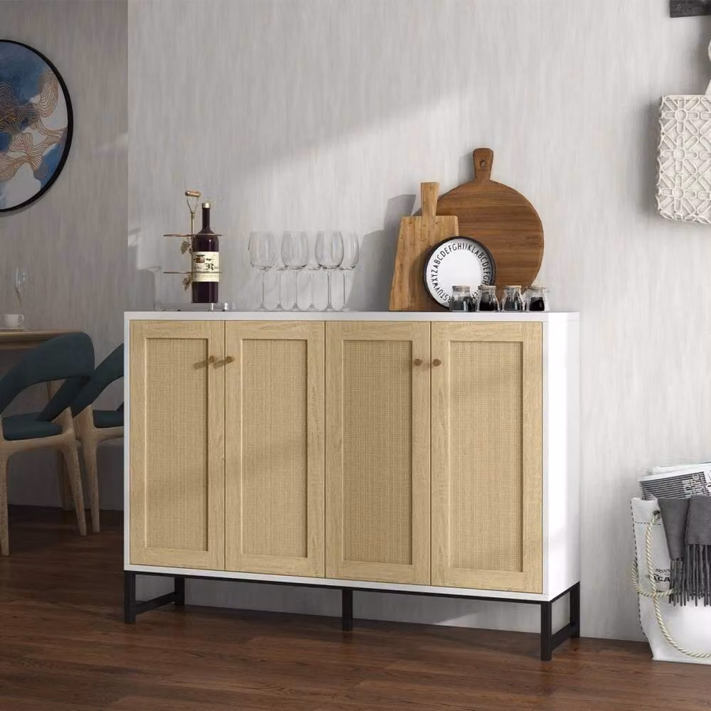 VOGREX White 4-Door Cane Webbing Sideboard with Natural Wood and Rattan Finish – 2