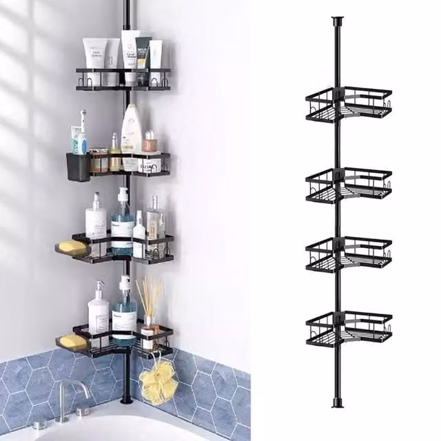 EONLION 4 Tier Telescopic Black Metal Bathroom Corner Wall Shelf with Adjustable Shelves and Hooks – 1