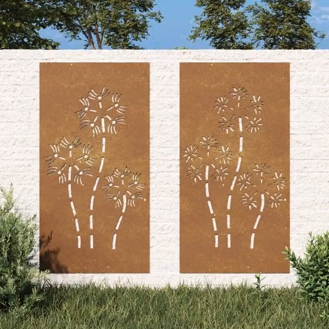Berkfield Home Set of 2 Brown Corten Steel Floral Garden Wall Decorations, W: 55 cm, H: 105 cm