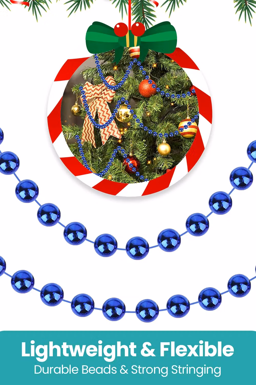 Neel Blue 9m Metallic Christmas Bead Chain with 7.5mm Shiny Pearl Garland in Royal Blue – 5