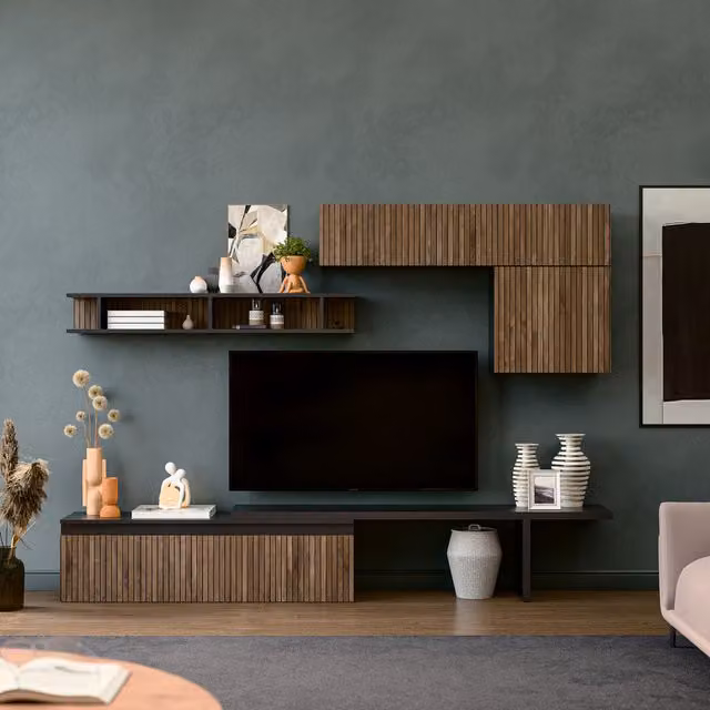 Decorotika Faro Wall Mounted Entertainment Center in Black and Oak with Geometric Alina Pattern