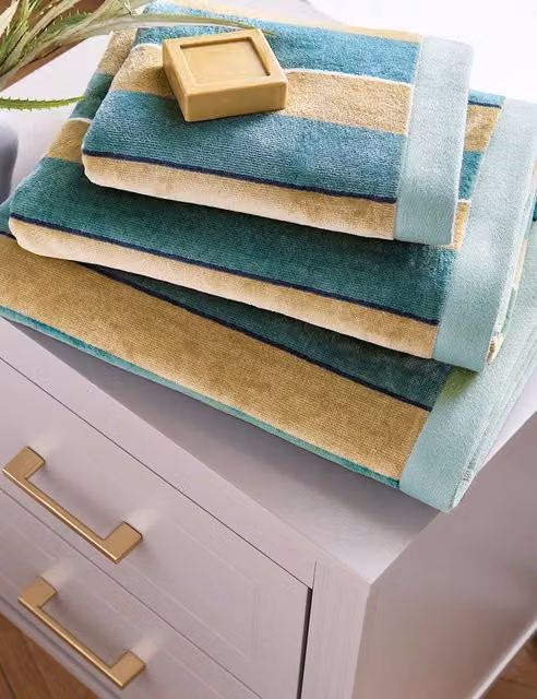 Bedeck of Belfast Oscar Pure Cotton Striped Towel in Petrol and Green Mix